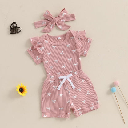 3tlg Baby Mädchen Sommer Kleidung Set Rüschen Kurzarm Strampler + Rüschen Shorts + Stirnband Babyset Weiche Neugeborene Ausgehen Outfit