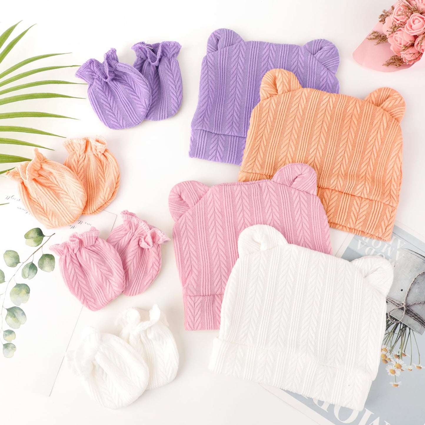 DRESHOW Newborn Baby Hat and Gloves Set Beanie Clothing Unisex Infant Hat Kindergarten Cap Baby Boys Girls 0-6 Months 