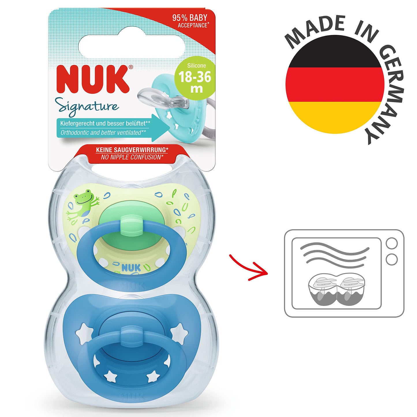 NUK Signature Baby Pacifier | 0-6 Months | Soothes 95% of Babies | BPA Free Silicone Heart-Shaped Pacifier | With Case | Green Stars | Pack of 2