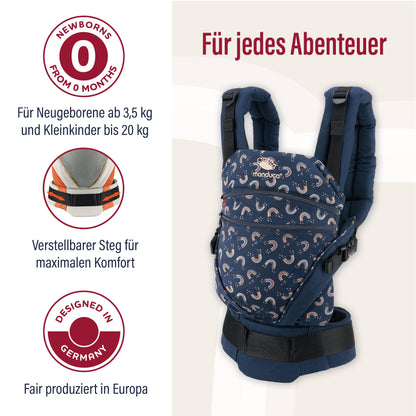 manduca XT Babytrage - Verstellbarer Sitz, der mitwächst - Vom Neugeborenen bis zum Kleinkind - Babytrage aus Bio-Baumwolle mit 3 Tragemöglichkeiten