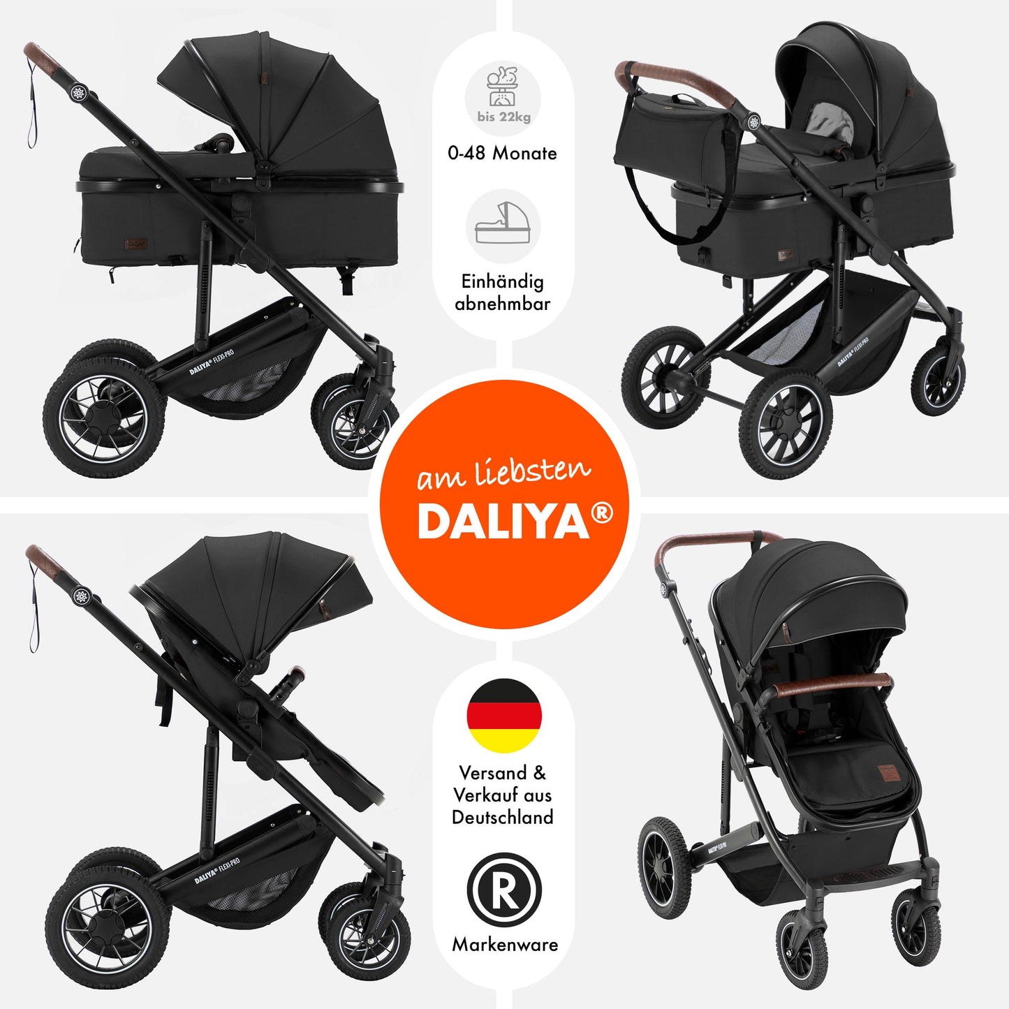 Daliya® FLEXI-PRO M 2in1 Kombikinderwagen & Buggy – XXL-Set, Reise-Kinderwagen mit Einhand-Abnahme, Wetterschutz, Sportsitz, Wickeltasche, Spieltisch, Regenschutz, dicke Matratze (Olivgrün)