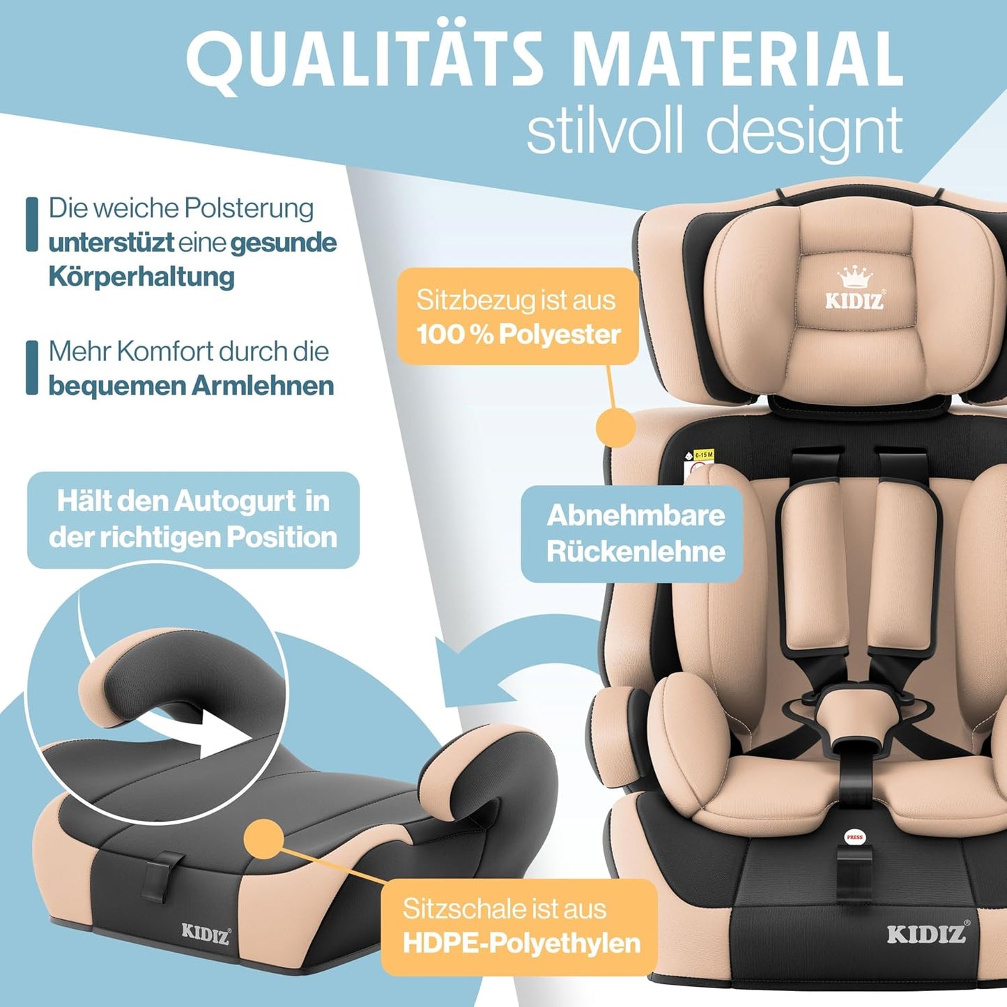 Autokindersitz mit Isofix i-Size R129 100-150cm bis 12 Jahre, Kinderautositz Gruppe 1/2/3, mitwachsender Kindersitz, 5-Punkt-Gurt & höhenverstellbare Kopfstütze, Sitzerhöhung Auto, Schwarz