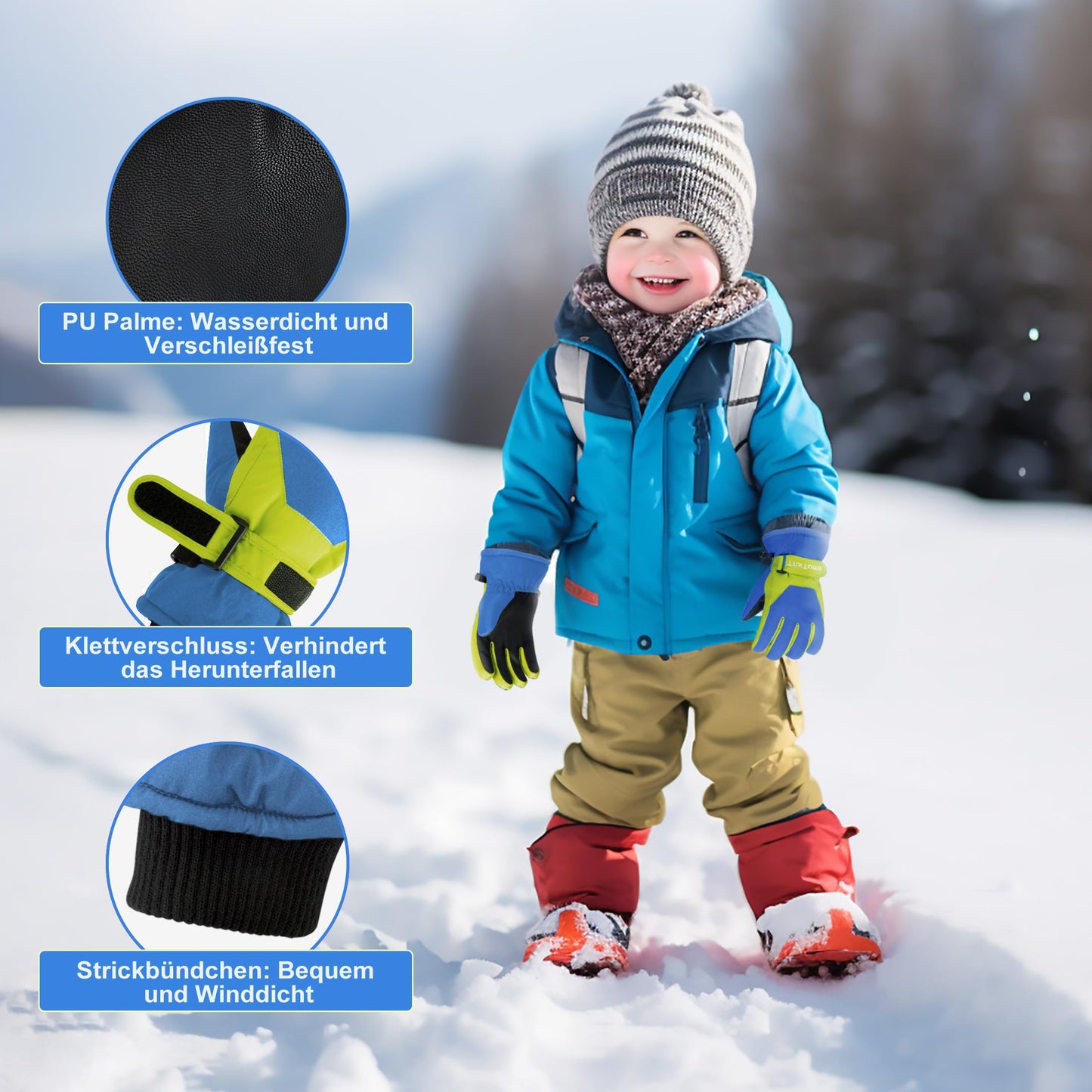 ThxToms Children's Ski Gloves, Winter Snow Ski Gloves, -15°C, Windproof, Waterproof, Warm, PU Thickened Cold Weather, Outdoor Sports, Snowboarding, Skiing, Bike, for Boys and Girls aged 3-13 Years Old