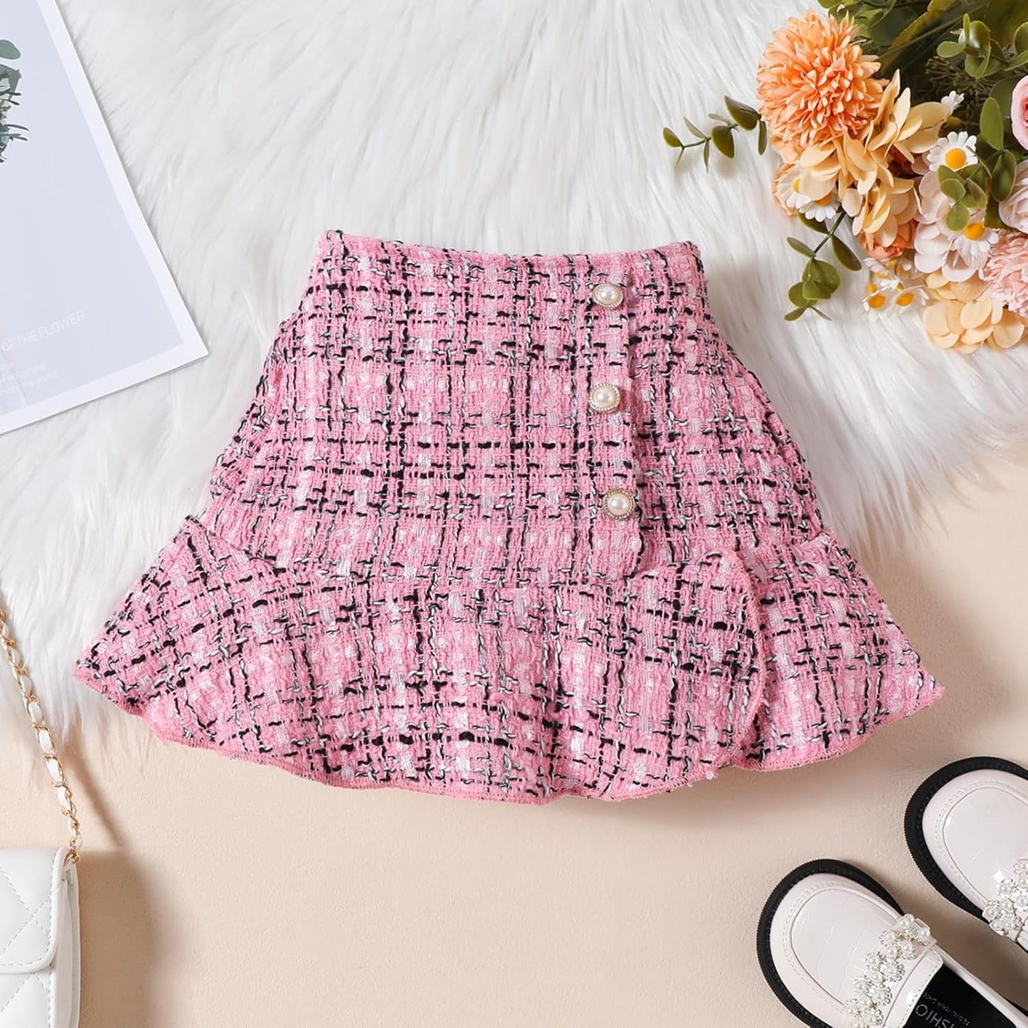UUAISSO Kleinkind Baby Mädchen Kleidung Langarm Gerippte Oberteile Plaid Tweed Muster Rock Baskenmütze Herbst Knopf Outfits Sets