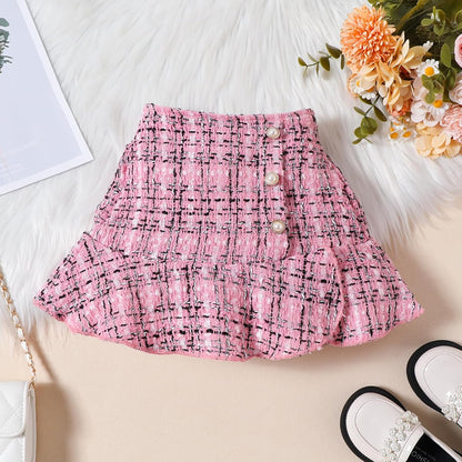 UUAISSO Kleinkind Baby Mädchen Kleidung Langarm Gerippte Oberteile Plaid Tweed Muster Rock Baskenmütze Herbst Knopf Outfits Sets