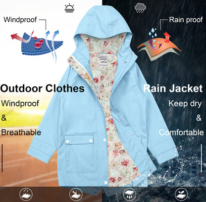 SOLOCOTE Kinder Regenjacke mit Kapuze gefüttert Gummi Regenmäntel für Mädchen Jungen Wasserdicht Winddicht Größe