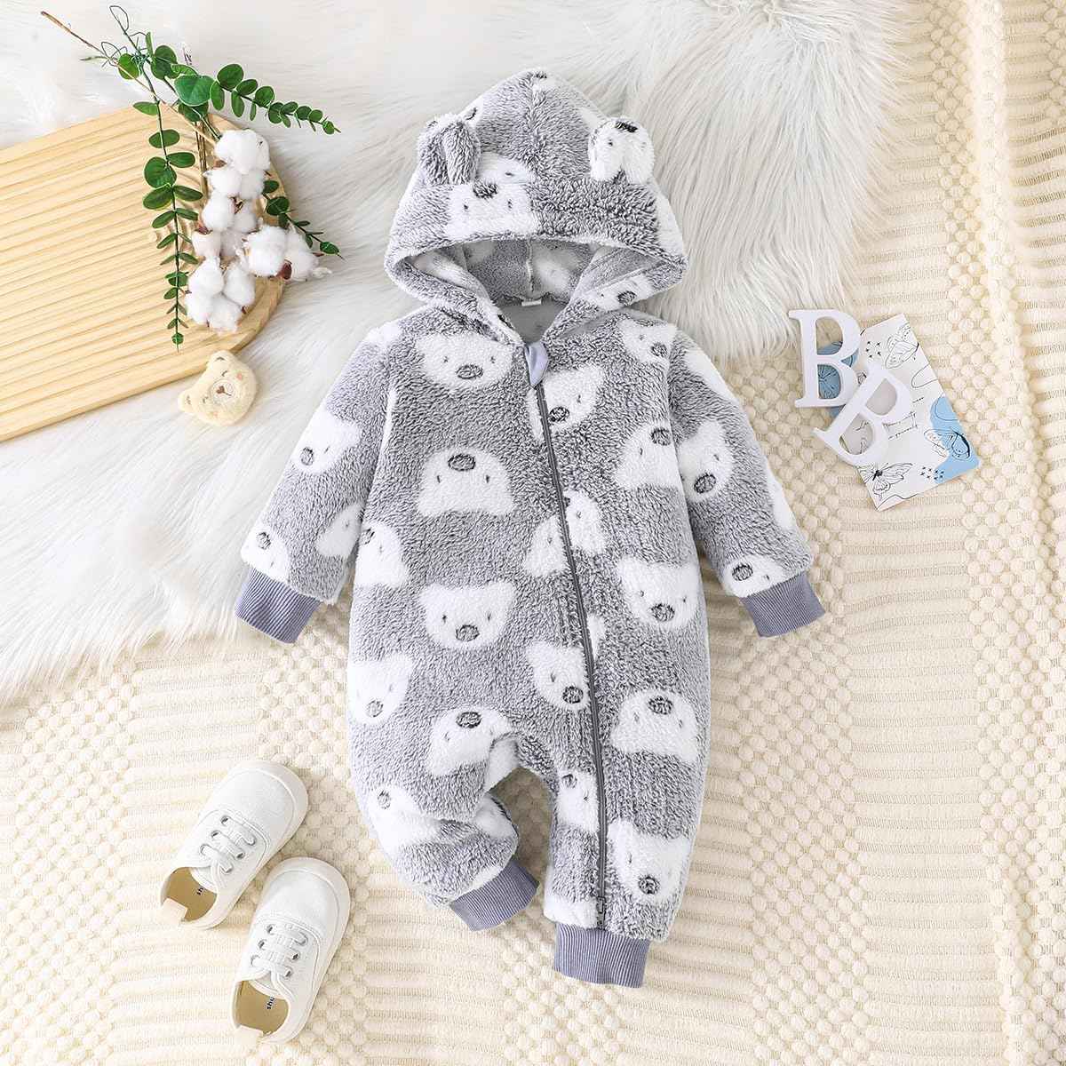 Yanmucy Newborn Baby Winter Romper with Hood Cartoon Bear Baby Snowsuit Warm Fleece Zip Baby Girl Boy Jumpsuit 0-18 Months