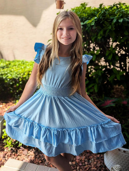 Arshiner Girls Dresses Flutter Sleeves Kids Summer Cotton Formal Dress A-Line Waist Lace-up Casual Dress Swing Dress Elegant Sleeveless Dress for Girls 5-13 Years 