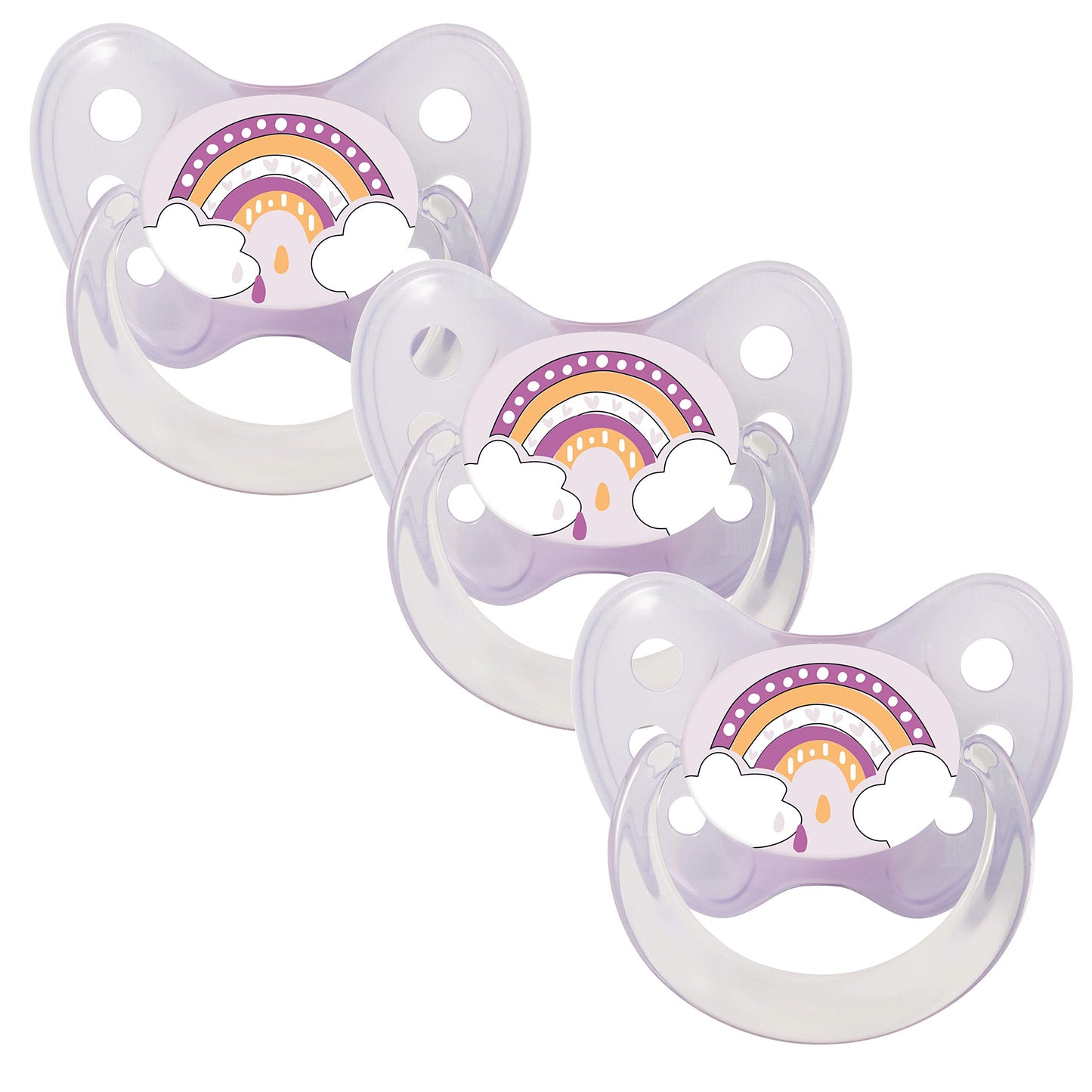 dentistar Silikon Schnuller 3er-Set - Größe 2, 6-14 Monate - Zahn- & kieferfreundlicher Nuckel mit Dental-Stufe – BPA-frei – Made in Germany - Regenbogen, Lila