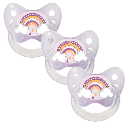 dentistar Silikon Schnuller 3er-Set - Größe 2, 6-14 Monate - Zahn- & kieferfreundlicher Nuckel mit Dental-Stufe – BPA-frei – Made in Germany - Regenbogen, Lila