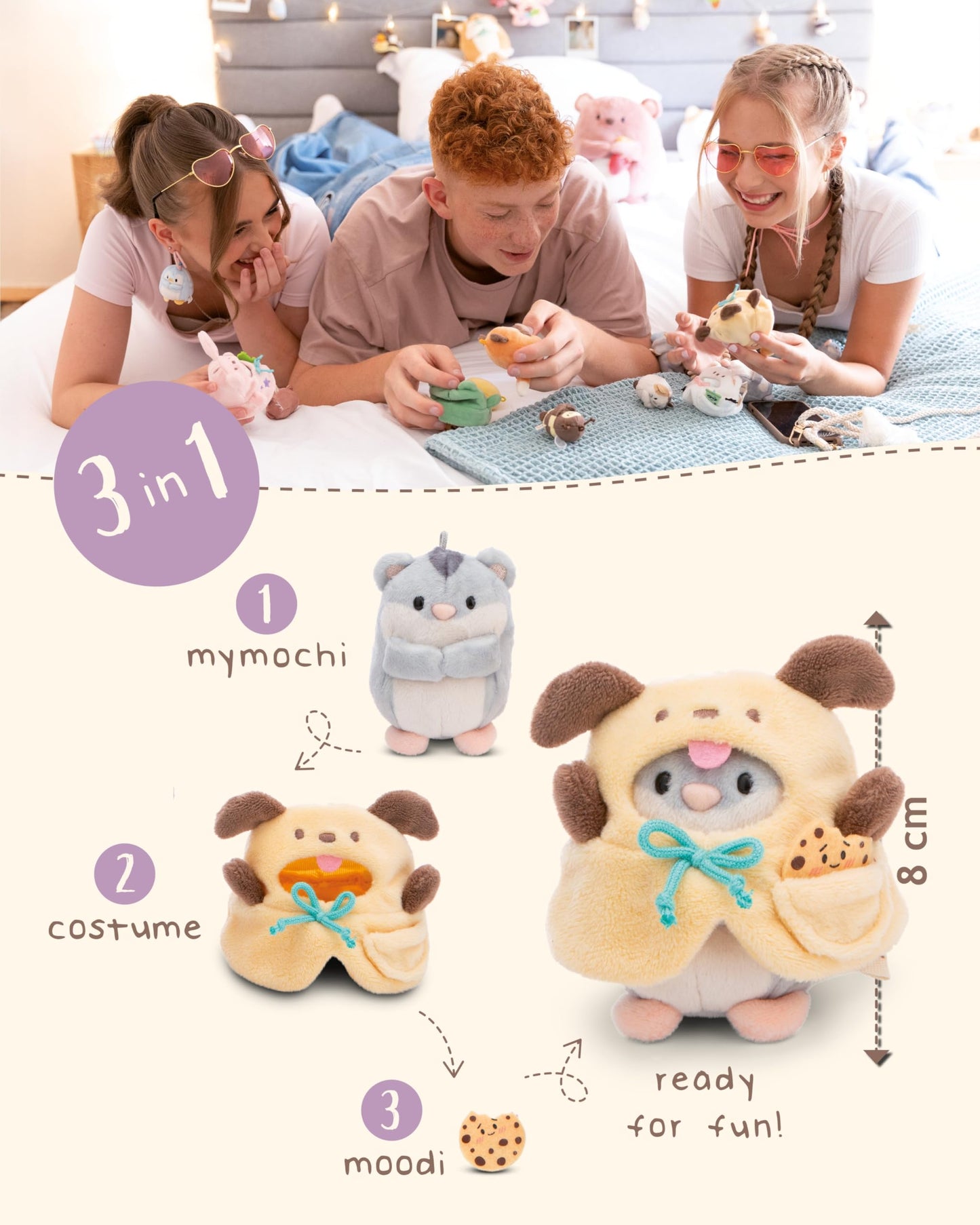 NICI MYMOCHI Kuscheltier Set - Kuscheltier Bär Nomo 8 cm mit Pommes und Bienenkostüm in Geschenkbox, Flauschiges Stofftier zum Kuscheln, Spielen und Liebhaben - 61142