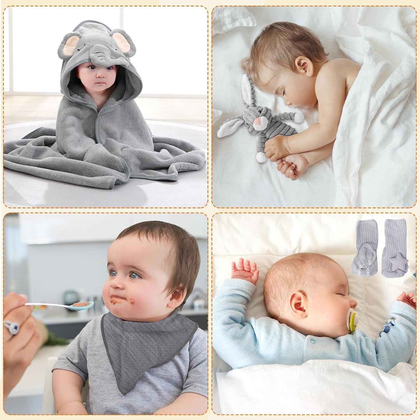 Gobesty Neugeborenen Geschenkkorb, Baby Geschenke zur Geburt, 7 in 1 Baby Geschenkset Geburt mit Babydecken, Baby Dreieckstuch, Plüschtiere, Grußkarten, Geburtskarten, Socken, Geschenkboxen Körbe