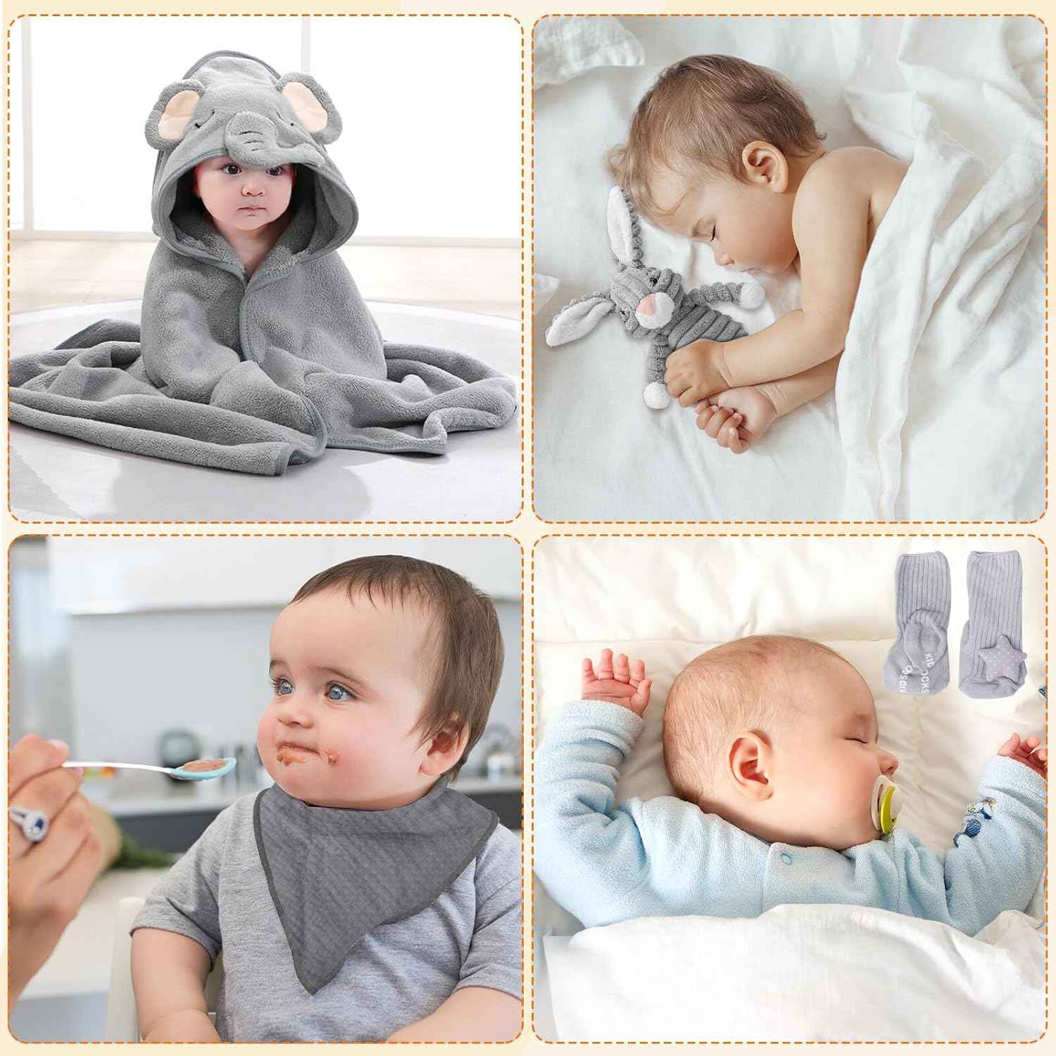Gobesty Neugeborenen Geschenkkorb, Baby Geschenke zur Geburt, 7 in 1 Baby Geschenkset Geburt mit Babydecken, Baby Dreieckstuch, Plüschtiere, Grußkarten, Geburtskarten, Socken, Geschenkboxen Körbe