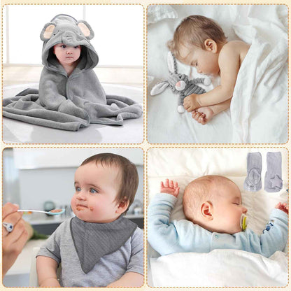 Gobesty Neugeborenen Geschenkkorb, Baby Geschenke zur Geburt, 7 in 1 Baby Geschenkset Geburt mit Babydecken, Baby Dreieckstuch, Plüschtiere, Grußkarten, Geburtskarten, Socken, Geschenkboxen Körbe