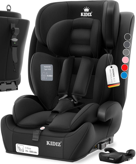 Autokindersitz mit Isofix i-Size R129 100-150cm bis 12 Jahre, Kinderautositz Gruppe 1/2/3, mitwachsender Kindersitz, 5-Punkt-Gurt & höhenverstellbare Kopfstütze, Sitzerhöhung Auto, Schwarz