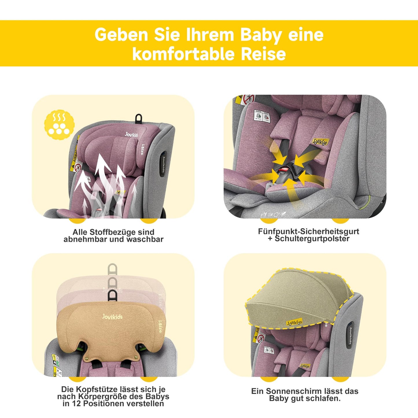 Jovikids 360° Drehbar Kindersitz mit ISOFIX, i-Size 40-150cm(ab Geburt -12 Jahre) Baby Autositz Reboarder mit Liegefunktion & Abnehmbar Vordach, ECE R129 (Rosa) - Meloni2