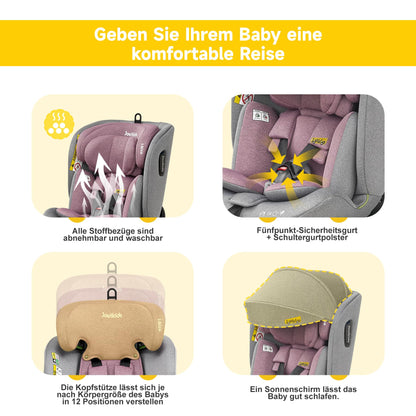 Jovikids 360° Drehbar Kindersitz mit ISOFIX, i-Size 40-150cm(ab Geburt -12 Jahre) Baby Autositz Reboarder mit Liegefunktion & Abnehmbar Vordach, ECE R129 (Rosa) - Meloni2