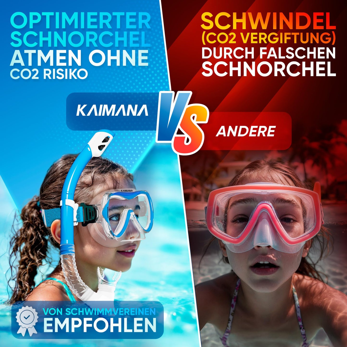 Das Neue KAIMANA® SeaExplorer Schnorchelset Kinder + Tragetasche, Taucherbrille mit Schnorchel, Taucherbrille Kinder, Alternative zur Schnorchelmaske Kinder, Taucherbrille mit Stoffband/Silikonband