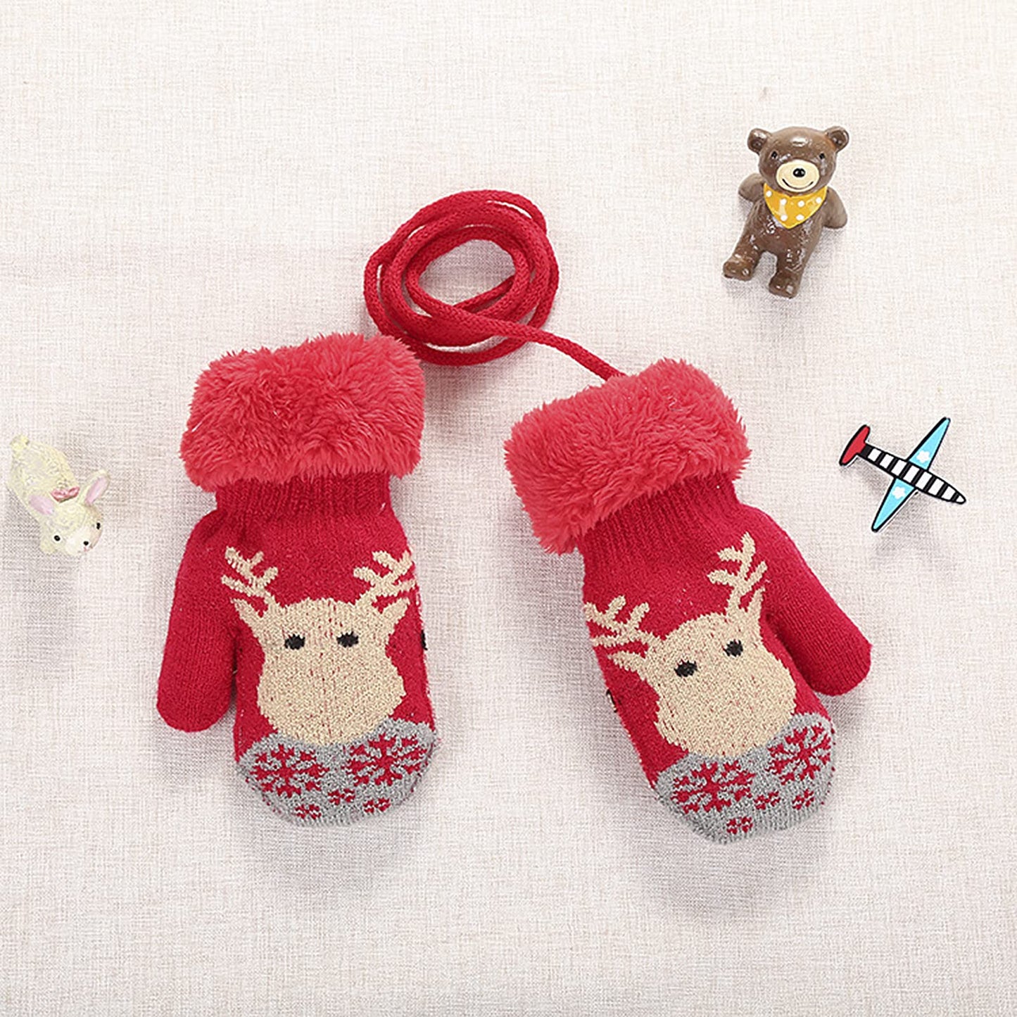 Kids Winter Gloves Mittens Baby Cartoon Mitten Neck Gloves Thick Double Knitted Glove with Plush,0 - 3 years old, Playing, Running, Skiing