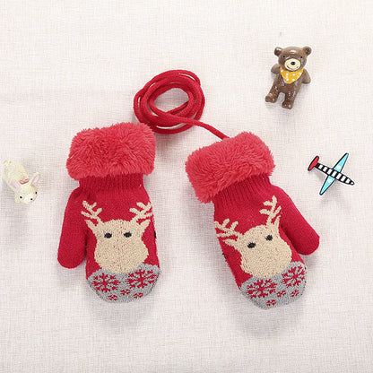Kids Winter Gloves Mittens Baby Cartoon Mitten Neck Gloves Thick Double Knitted Glove with Plush,0 - 3 years old, Playing, Running, Skiing