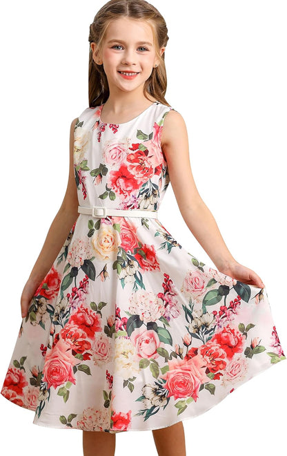 BONNY BILLY Mädchen Kleider Vintage Blumen Festlich Hochzeit Elegant Kinder Kleid mit Gürtel