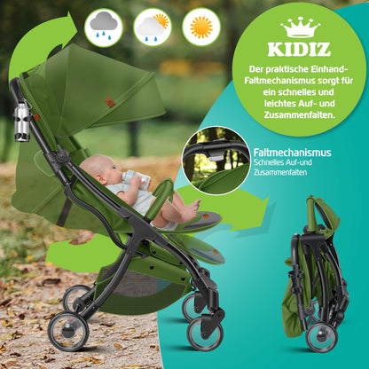 KIDIZ® Folding Pushchair, Sports Pram, 360° Wheels, 5-Point Harness, incl. Drinks Holder, Rain Cover, Adjustable Backrest and Sun Canopy, Red