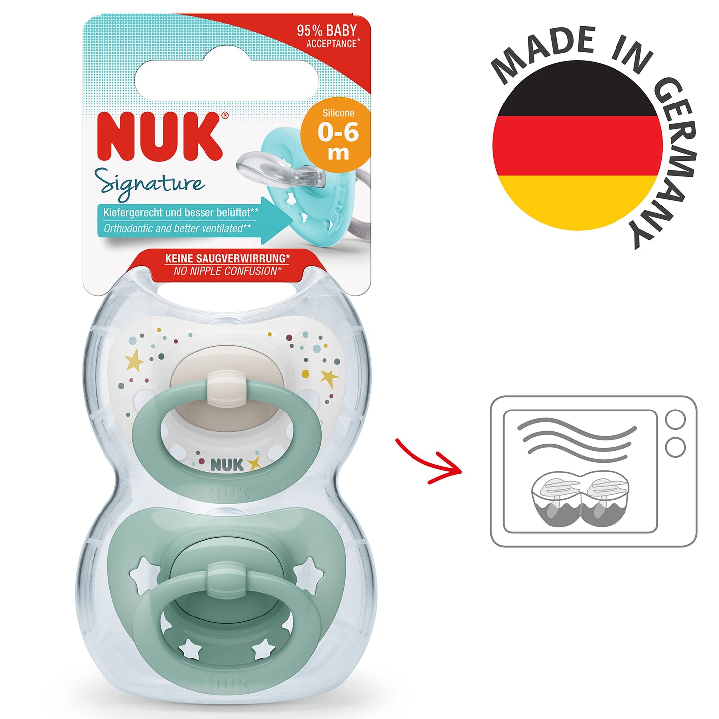 NUK Signature Baby Pacifier | 0-6 Months | Soothes 95% of Babies | BPA Free Silicone Heart-Shaped Pacifier | With Case | Green Stars | Pack of 2