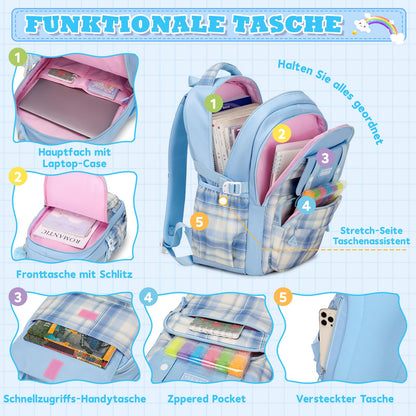 Rucksack mädchen 22L ergonomisch mit reflektierenden Streifen | Wasserdichtes Karogewebe, atmungsaktives 3D-Rückenpolster, zahlreiche getrennte Fächer, passend für 15,6-Zoll-Laptops