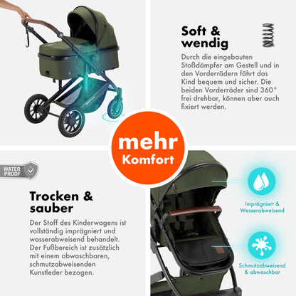 Daliya® FLEXI-PRO M 2in1 Kombikinderwagen & Buggy – XXL-Set, Reise-Kinderwagen mit Einhand-Abnahme, Wetterschutz, Sportsitz, Wickeltasche, Spieltisch, Regenschutz, dicke Matratze (Olivgrün)