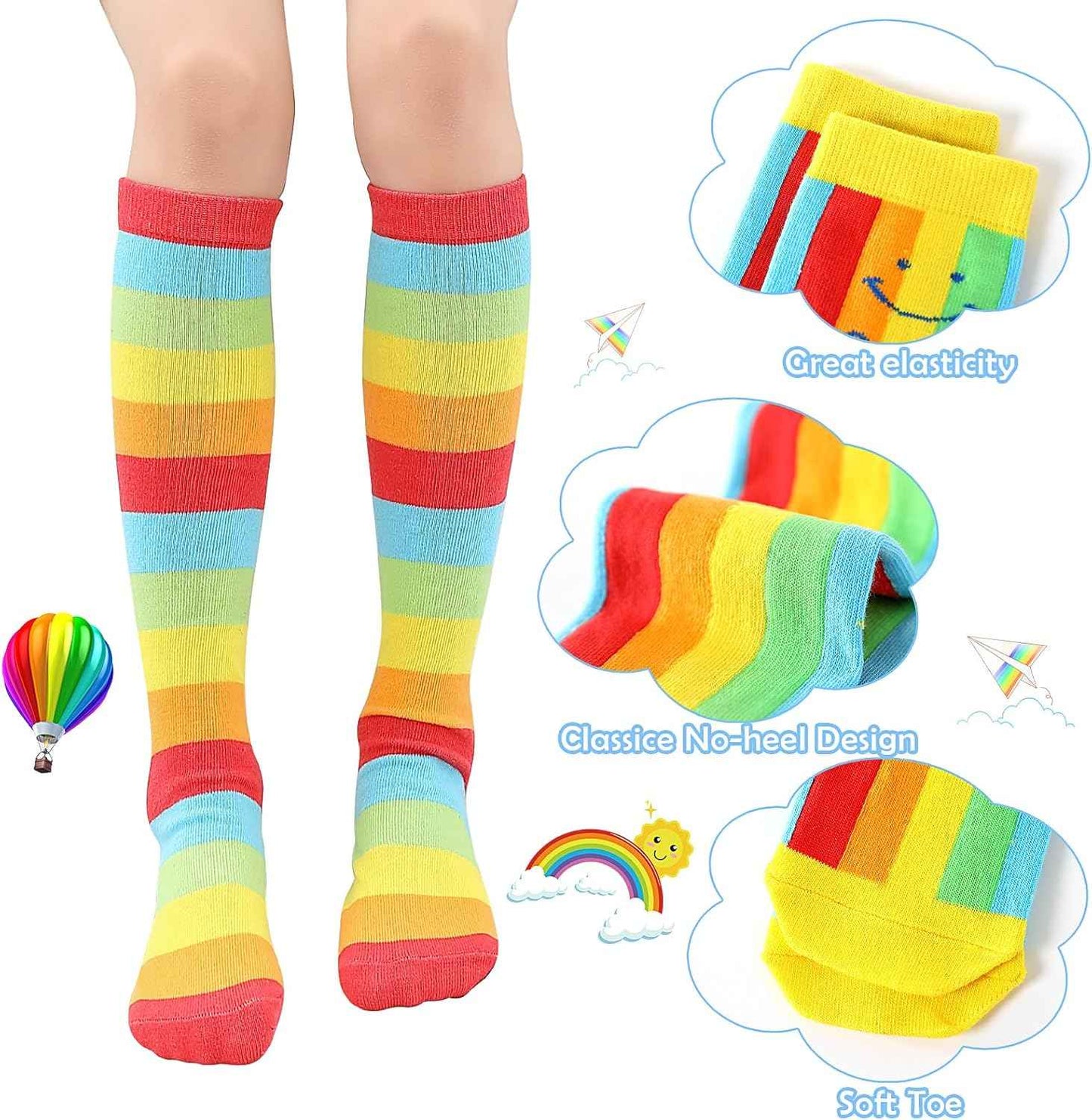 XEPST 6 Pairs Girls Knee Socks - Cartoon Design Warm Cotton Knee Socks Mid-Calf Boots Socks Funny Socks for School Odd Socks Day 3-12 Years Girls One Size Rainbow, rainbow