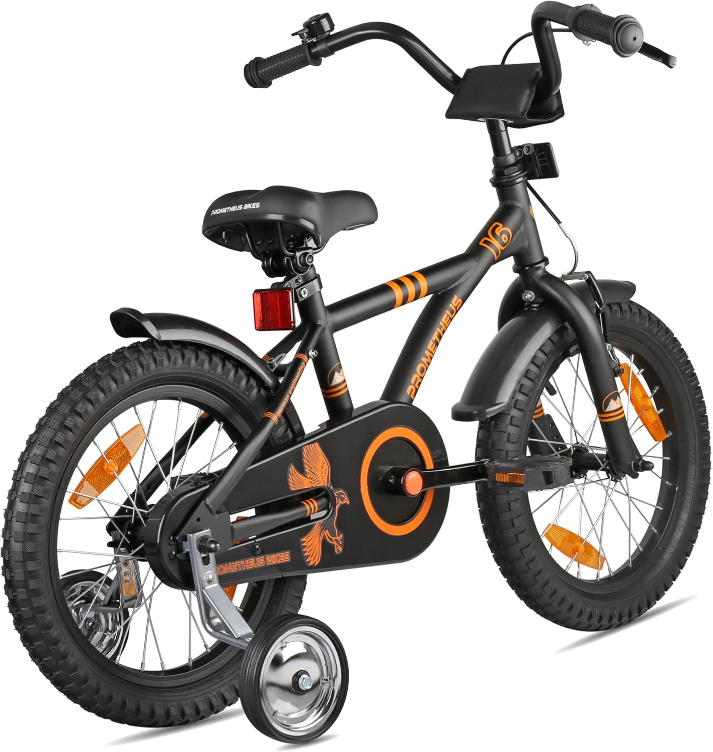 PROMETHEUS BICYCLES Kinderfahrrad 16 Zoll ab 5 Jahren - Kinder Fahrrad Mädchen Jungen Fahrrad Kinder mit Stützräder Rücktrittbremse in Schwarz Matt Orange - Meloni2