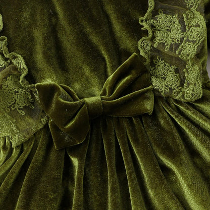 Baby Dress Girls Long Sleeve Lace A Line Princess Velvet Dress + Headband Wedding Festive Autumn Winter Clothing