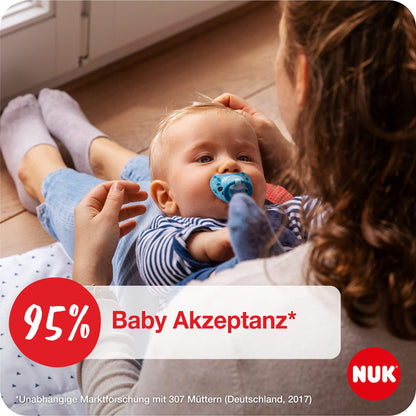 NUK Signature Baby Pacifier | 0-6 Months | Soothes 95% of Babies | BPA Free Silicone Heart-Shaped Pacifier | With Case | Green Stars | Pack of 2