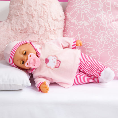 Babypuppe First Words mit Schlafaugen, spricht 24 Babylaute, mit Schnuller und Flasche, 38 cm, Rosa/Streifen