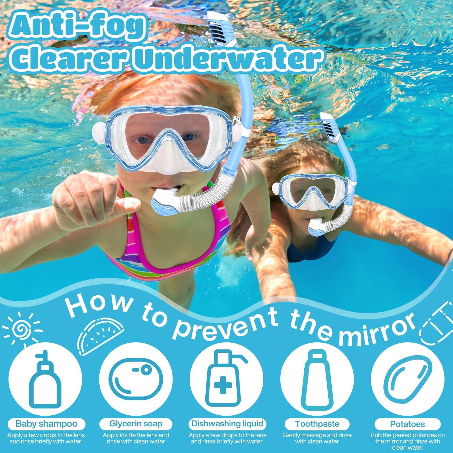 NLMWTI Children's Snorkel Set with 180° Panorama HD Vision, Anti-Fog & Anti-Leakage, Durable Safety Glass, Adjustable Side Straps