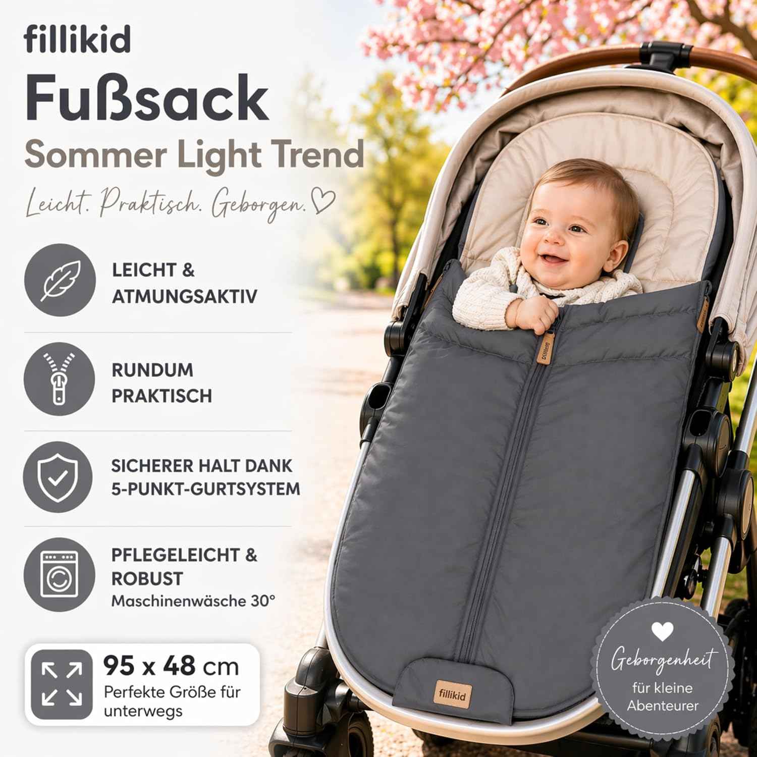 Fillikid Babyfußsack Light Trend Exklusiv, 95x48cm | Leichter Sommer-Fußsack für Kinderwagen, Buggy & Sportwagen, Vorderteil abnehmbar, pflegeleicht