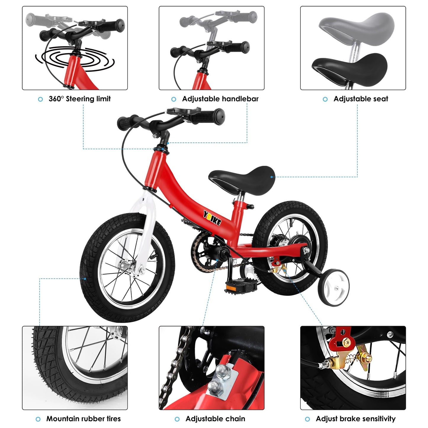 YBIKE 2 in 1 Laufrad, Kinderlaufrad und Kinderfahrrad Dual-Use-Funktion, geeignet für Kinder im Alter von 1-7, 12,14,16 Zoll mit Bremse, Pedal, Trainingstheorie - Meloni2