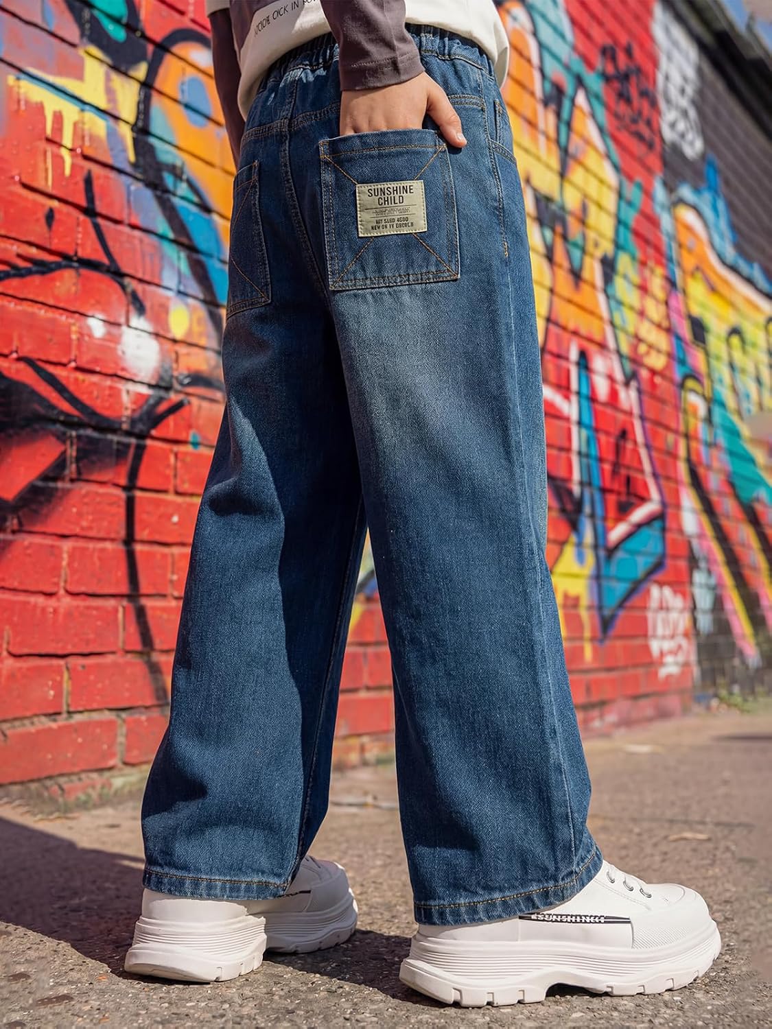 Baggy Jeans Jungen Weites Bein Gummibund Denim Jeanshosen Gr.120-170 | Baumwolle Lässige kinder Jeans Jungen Elastischer Freizeithose für 5-14 Jahren