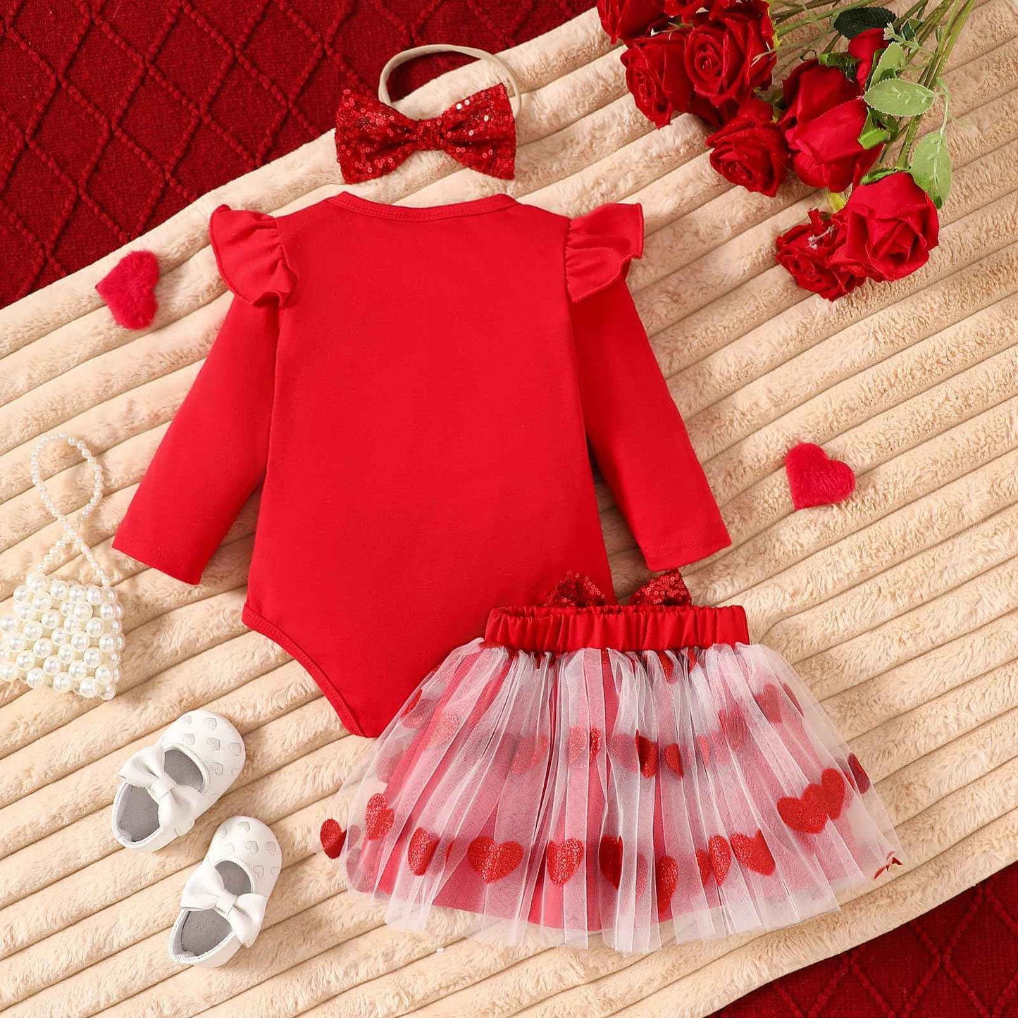 Yaopelky Newborn Baby Girl Valentine's Day Outfit Romper Tutu Dress with Headband Toddler Glitter Heart Print Clothing Skirt