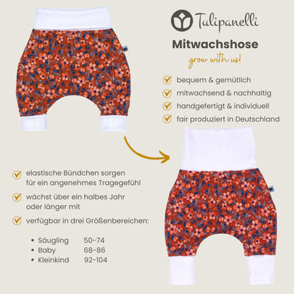 Baby Baggy Trousers, Girls' Handmade Cotton Jersey Grow Trousers, Sizes 50-74, 68-86, 92-104 (Wild Flowers, 50-74)