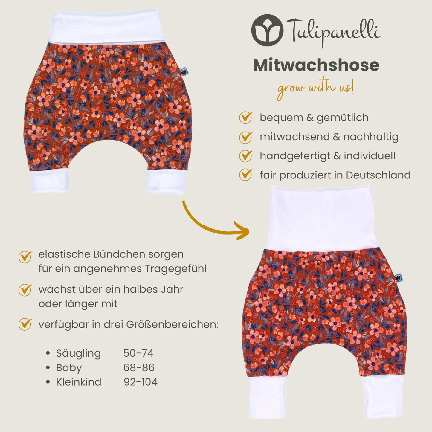 Baby Baggy Trousers, Girls' Handmade Cotton Jersey Grow Trousers, Sizes 50-74, 68-86, 92-104 (Wild Flowers, 50-74)