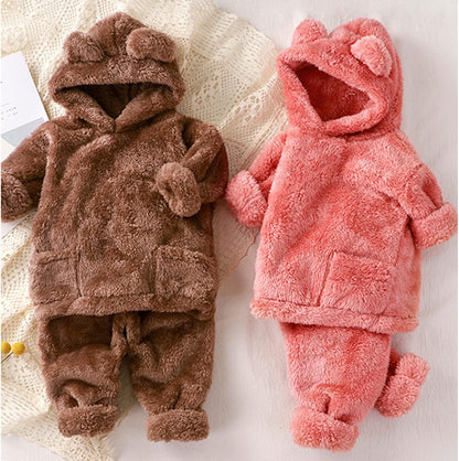 Fccrian Kleinkind Kinder Baby Mädchen Jungen Kleidung Winter Warm Kapuze Ohr Sweatshirt Tops und Hosen 2-teiliges Herbst-Outfits Pyjama Nachtwäsche Set Baby Pyjama einfarbig