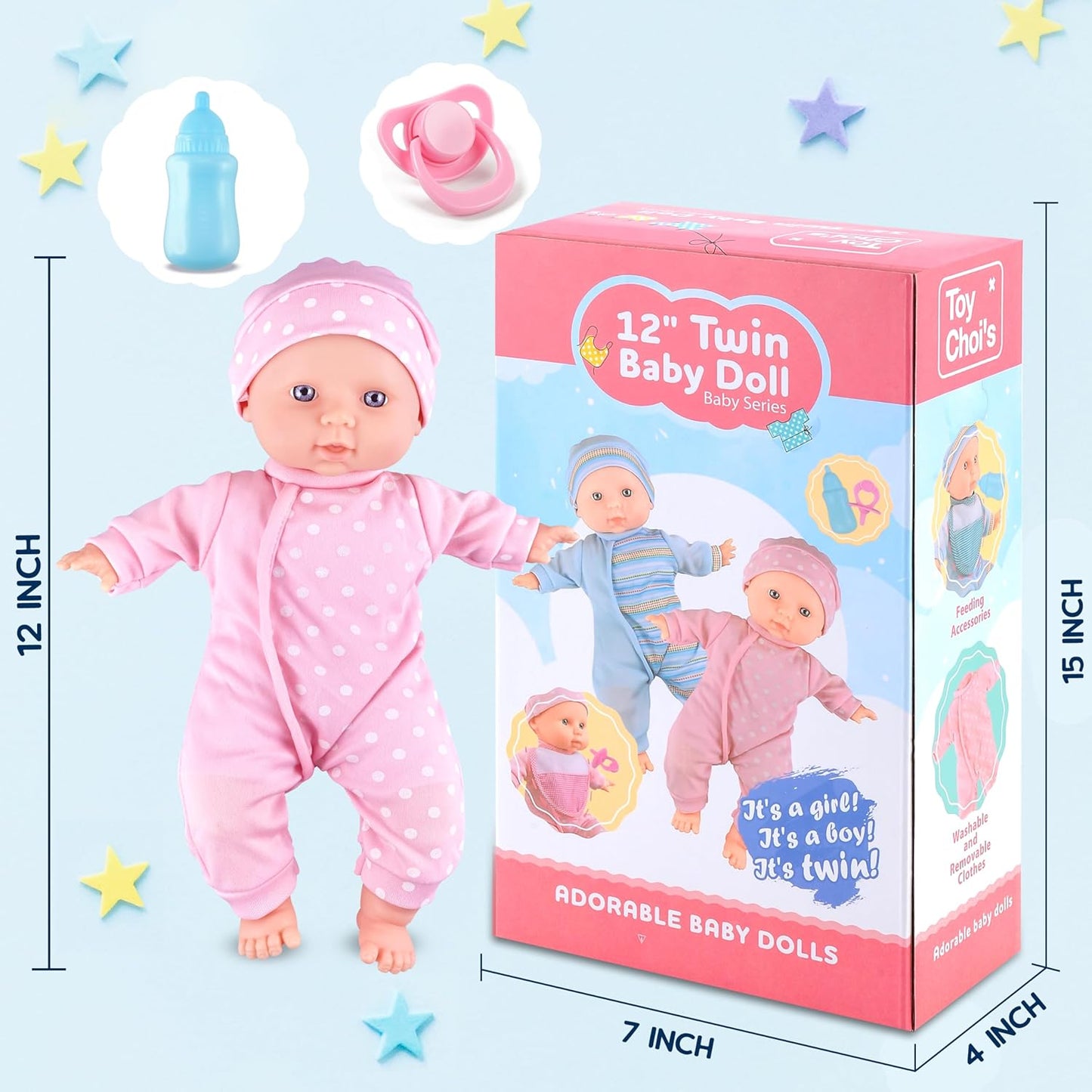 Toy Choi's Twin Puppe Set - 32cm Baby Puppen Für Kleinkinder ab 1 Jahr, mit Strampler und Hut, Schnuller und Puppenlätzchen, weiches Babypuppen Spielzeug Vorschulgeschenk