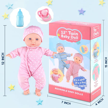 Toy Choi's Twin Puppe Set - 32cm Baby Puppen Für Kleinkinder ab 1 Jahr, mit Strampler und Hut, Schnuller und Puppenlätzchen, weiches Babypuppen Spielzeug Vorschulgeschenk