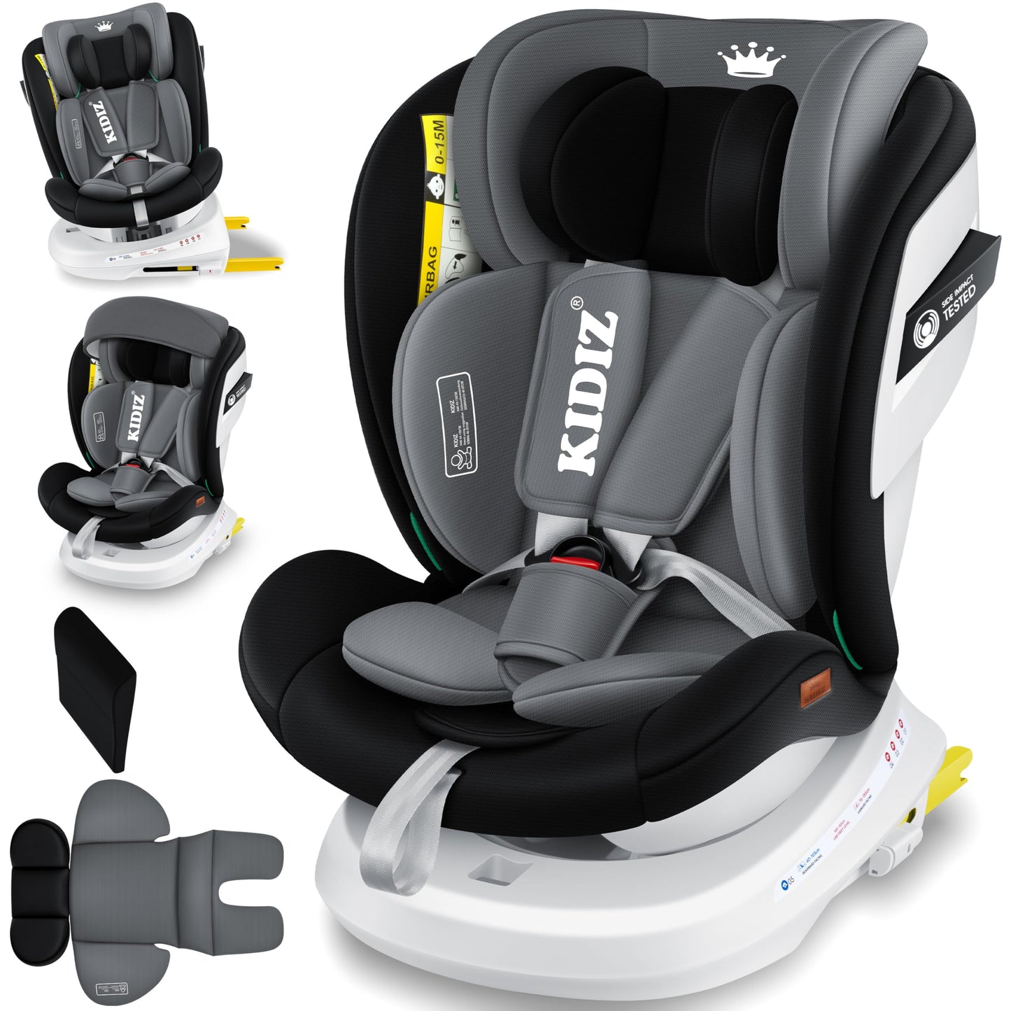 KIDIZ® Kindersitz Baby Autositz Kinderautositz Isofix Top Tether 360° drehbar Gruppe 0/1/2/3 ab Geburt 0-36kg Mit Sonnenschutzdach Seitenschutz 5 Punkt Gurt Kopfstützenverstellung ECE R129 Grau - Meloni2