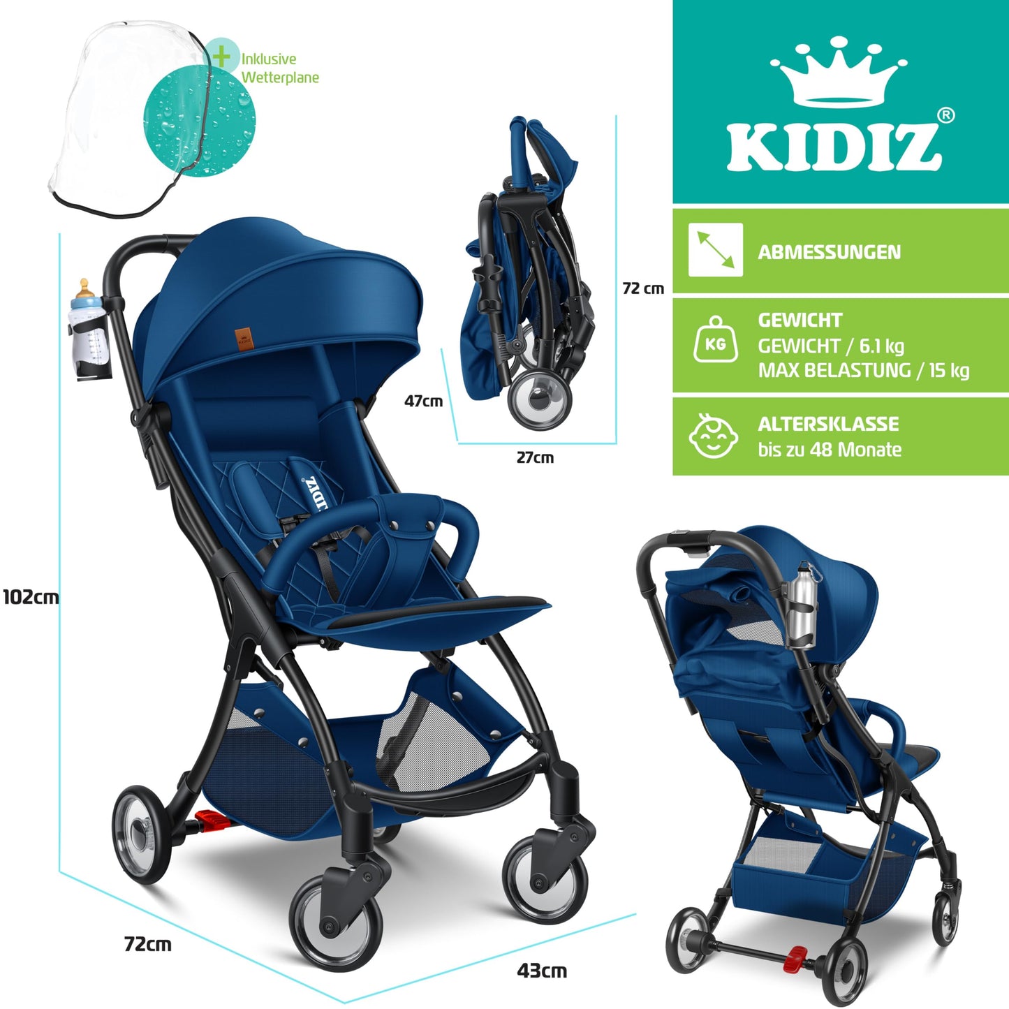 KIDIZ® Folding Pushchair, Sports Pram, 360° Wheels, 5-Point Harness, incl. Drinks Holder, Rain Cover, Adjustable Backrest and Sun Canopy, Red