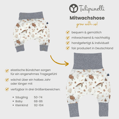 Handmade Baby Baggy Trousers, Handmade Cotton Jersey Grows with Your Gown, Sizes 50-74, 68-86, 92-104, Fairly Produced in Germany (Sea Creatures, 50-74)