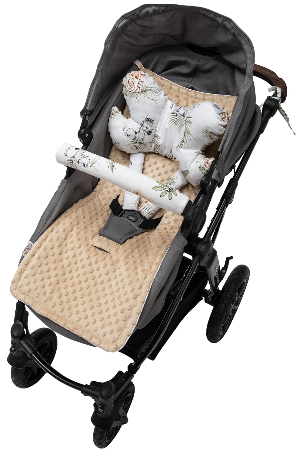 Sitzauflage Kinderwagen Buggy Baby Sommer Kindersitz Einlage Universal - 5tgl Gurtpolster + Spielbogen Kinderwagenset Babyschale (Safari mit beige Minky)