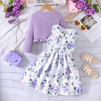 Yanmucy Kleine Mädchen Kleider mit Strickjacke Sets Baby Mädchen Kleider Kleinkind Kinder Langarm Ruffle Mantel Mädchen Kleidung für 2-8 Jahre