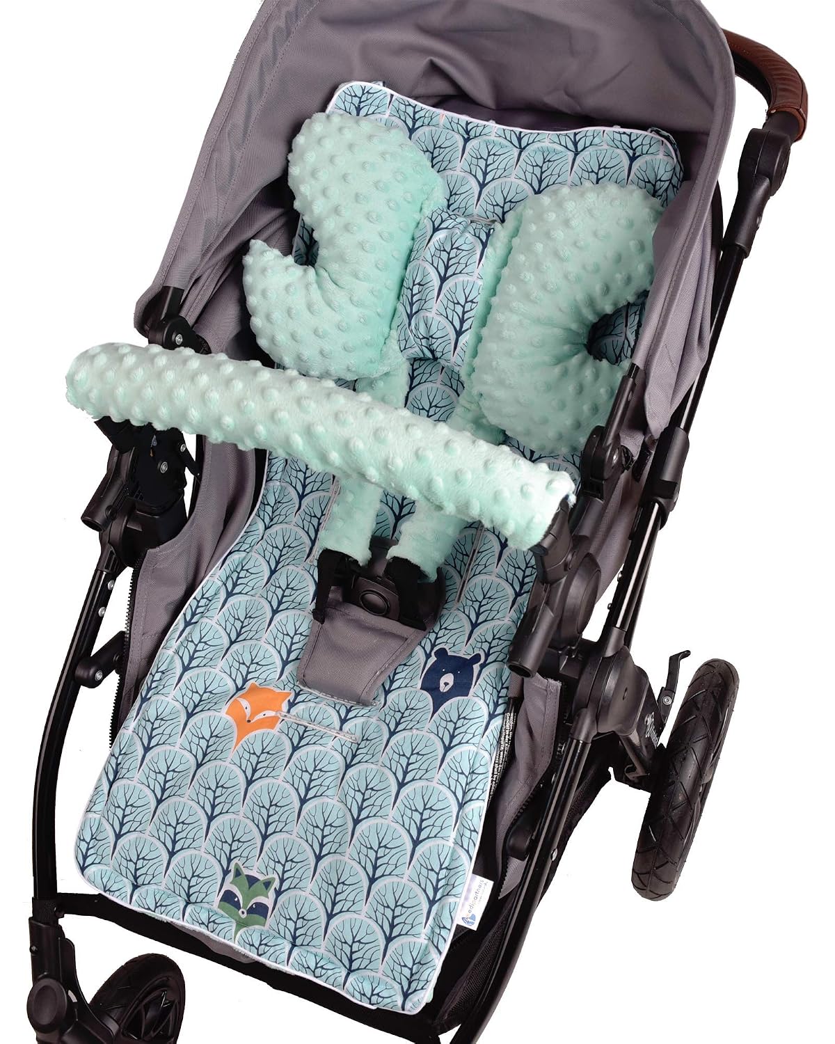Sitzauflage Kinderwagen Buggy Baby Sommer Kindersitz Einlage Universal - 5tgl Gurtpolster + Spielbogen Kinderwagenset Babyschale (Safari mit beige Minky)